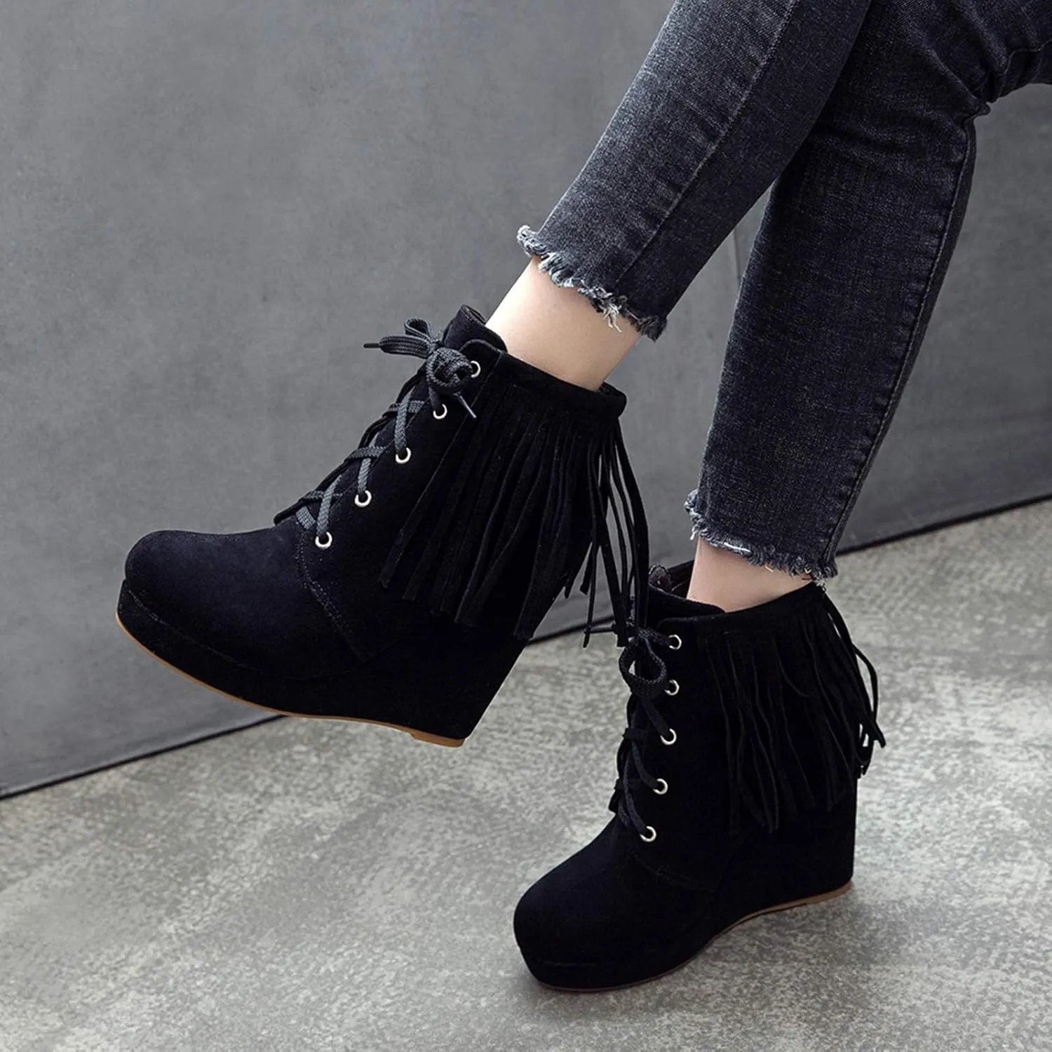 Women Slip On Mid Calf Fringe Flats Moccasin Boots