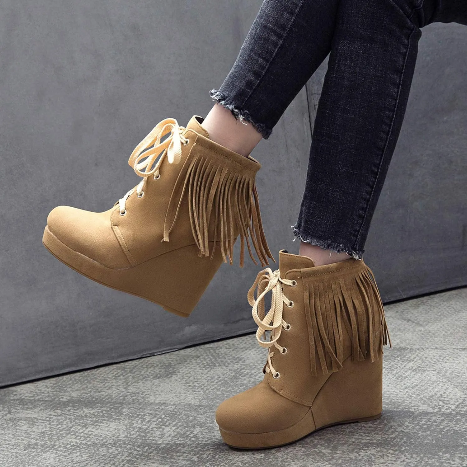 Women Slip On Mid Calf Fringe Flats Moccasin Boots