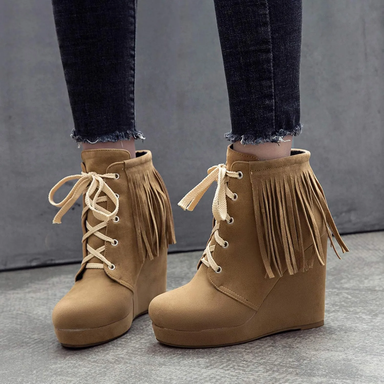 Women Slip On Mid Calf Fringe Flats Moccasin Boots