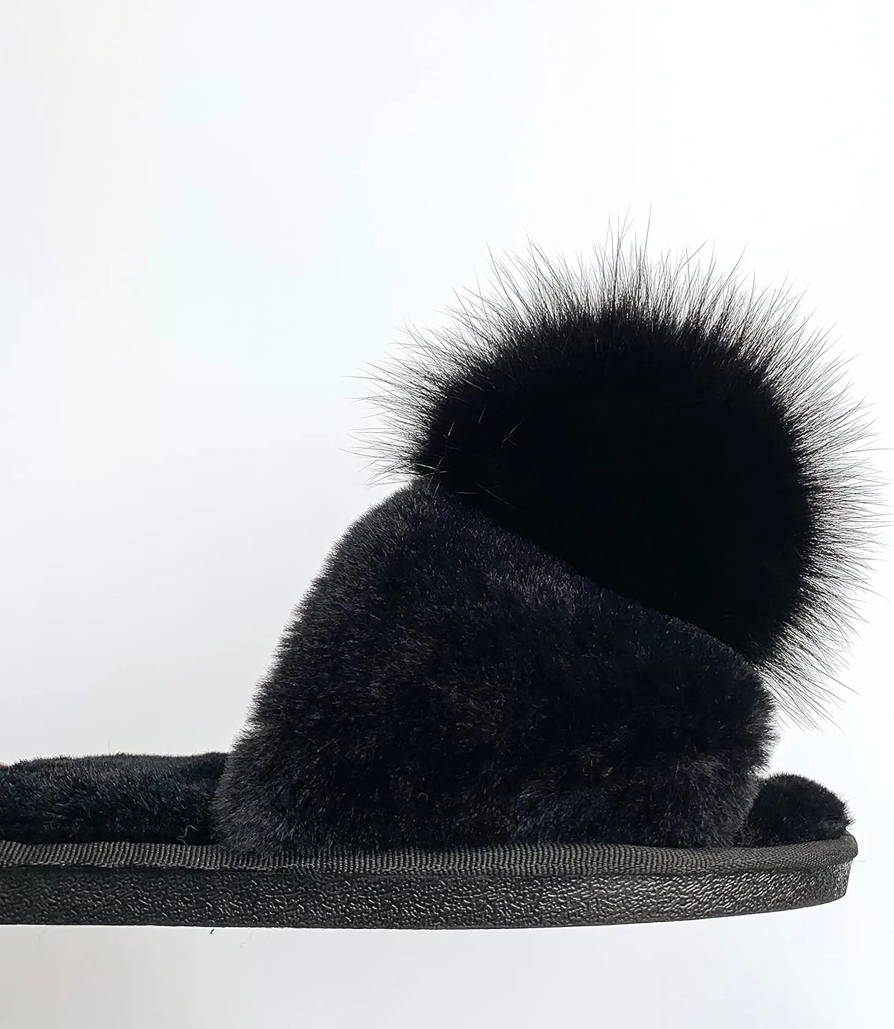 Women Slippers with Real Fox Fur Ball, Girl Furry Cozy Warm House Slipper, Open Toe Soft Flat Slide Sandals for Women Indoor Outdoor