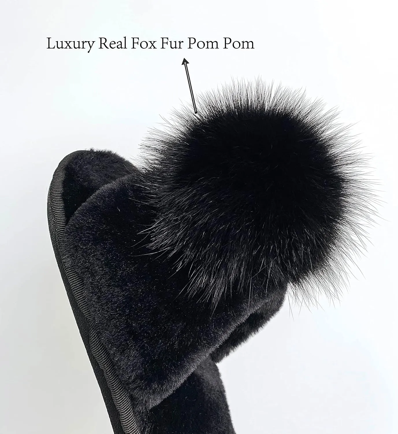 Women Slippers with Real Fox Fur Ball, Girl Furry Cozy Warm House Slipper, Open Toe Soft Flat Slide Sandals for Women Indoor Outdoor