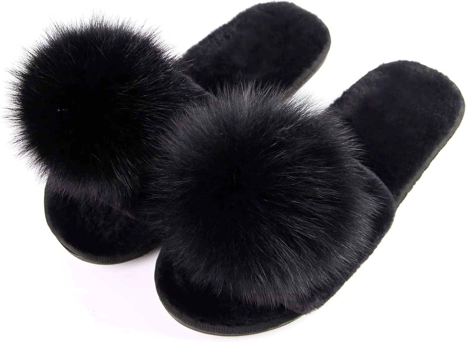 Women Slippers with Real Fox Fur Ball, Girl Furry Cozy Warm House Slipper, Open Toe Soft Flat Slide Sandals for Women Indoor Outdoor