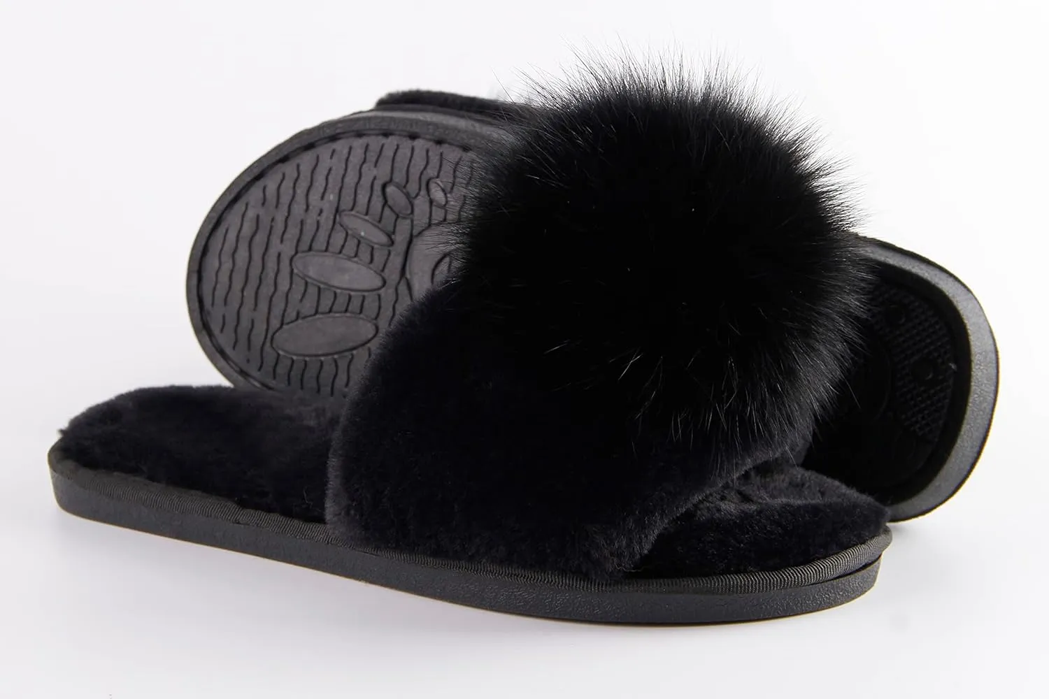 Women Slippers with Real Fox Fur Ball, Girl Furry Cozy Warm House Slipper, Open Toe Soft Flat Slide Sandals for Women Indoor Outdoor
