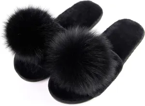 Women Slippers with Real Fox Fur Ball, Girl Furry Cozy Warm House Slipper, Open Toe Soft Flat Slide Sandals for Women Indoor Outdoor