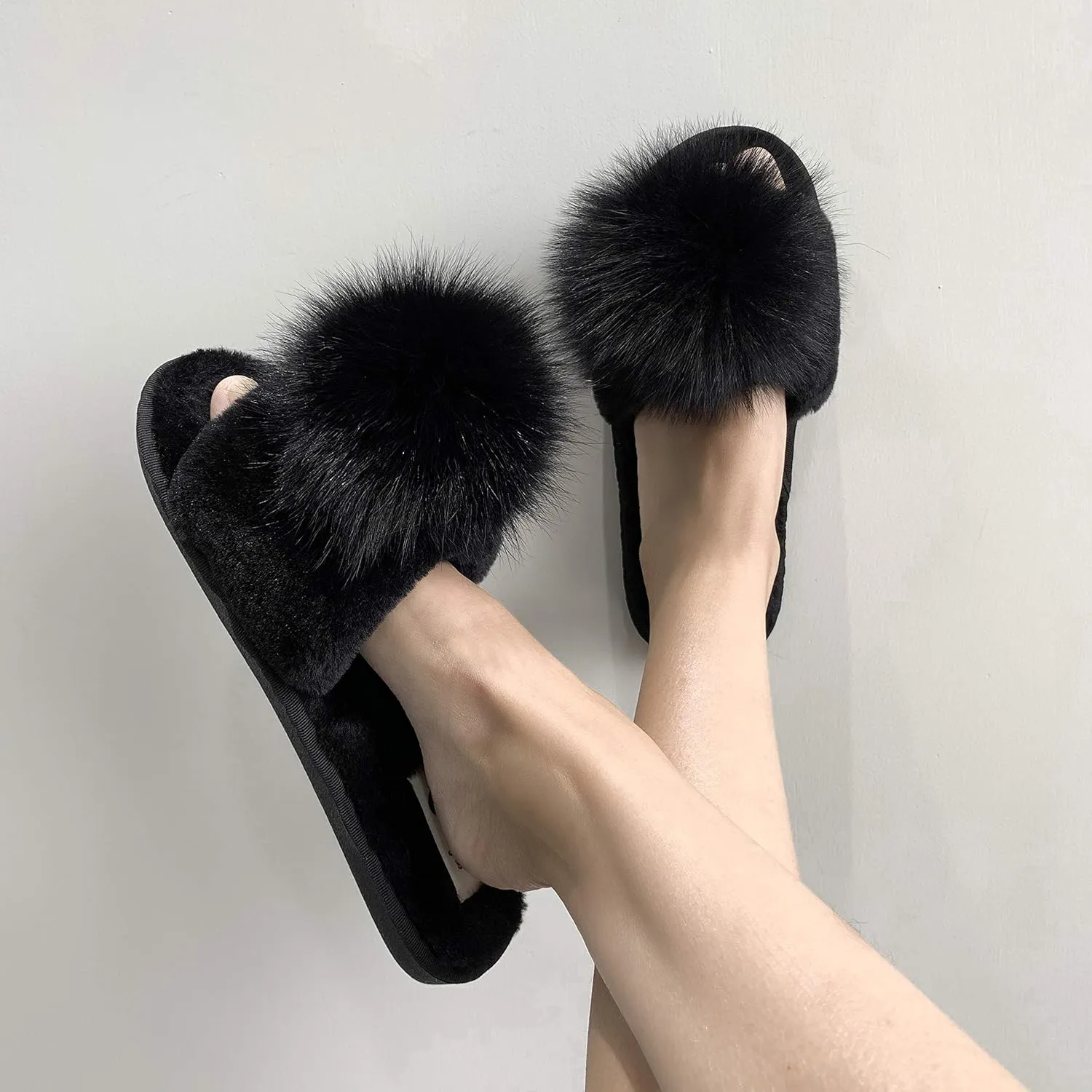Women Slippers with Real Fox Fur Ball, Girl Furry Cozy Warm House Slipper, Open Toe Soft Flat Slide Sandals for Women Indoor Outdoor
