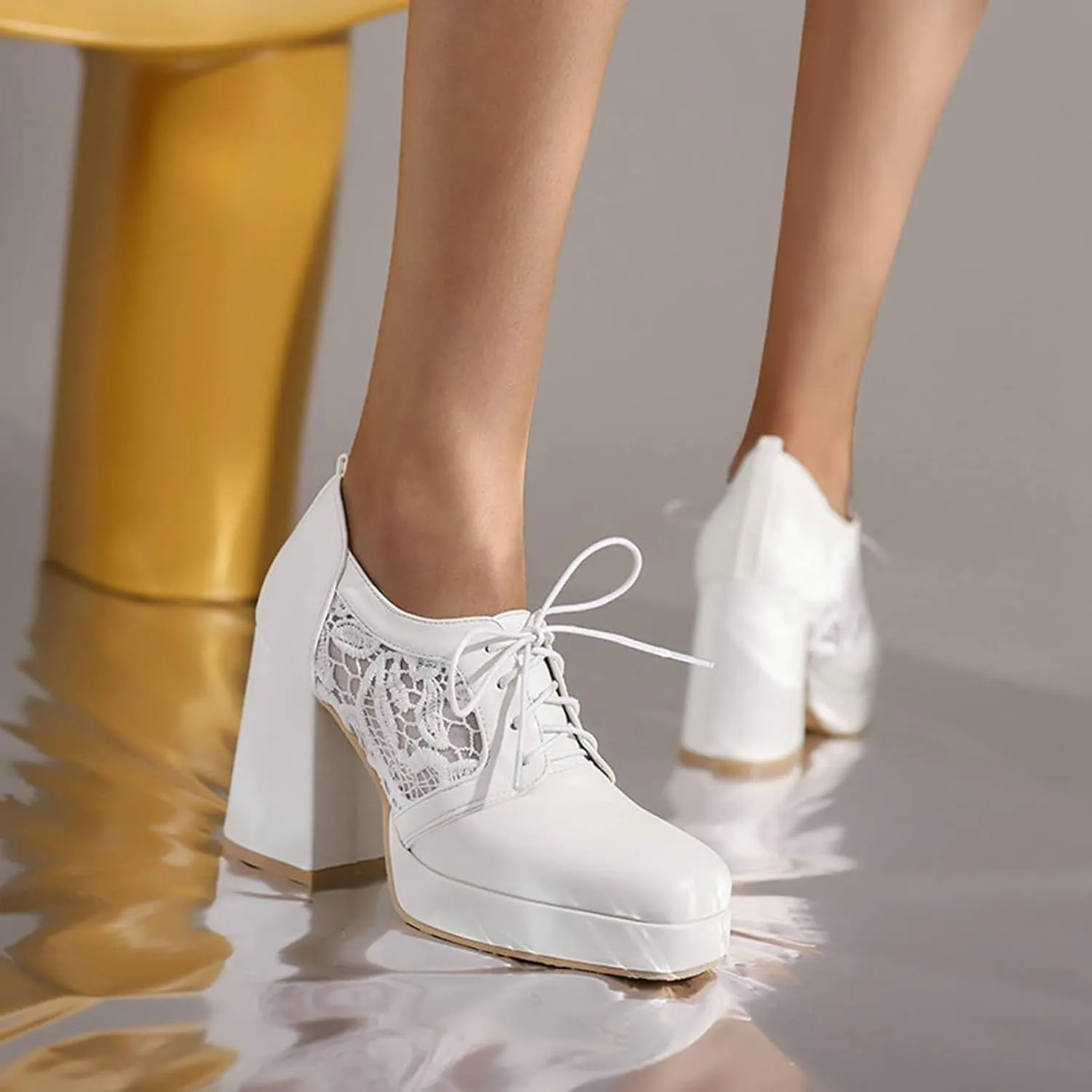 Women Square Toe Pumps Platform Chunky High Heel Booties Leather Comfy Lace Up Oxford Dress Shoes