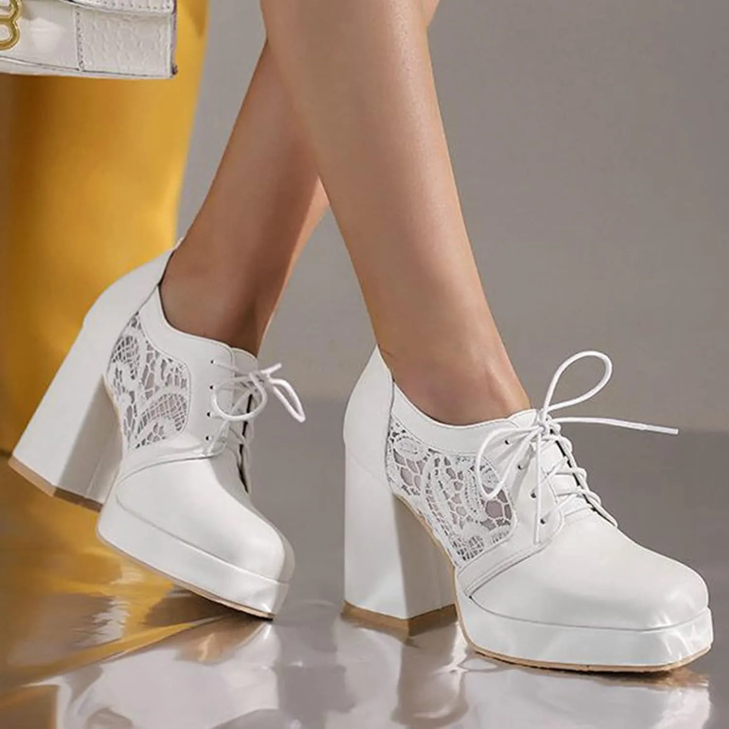 Women Square Toe Pumps Platform Chunky High Heel Booties Leather Comfy Lace Up Oxford Dress Shoes
