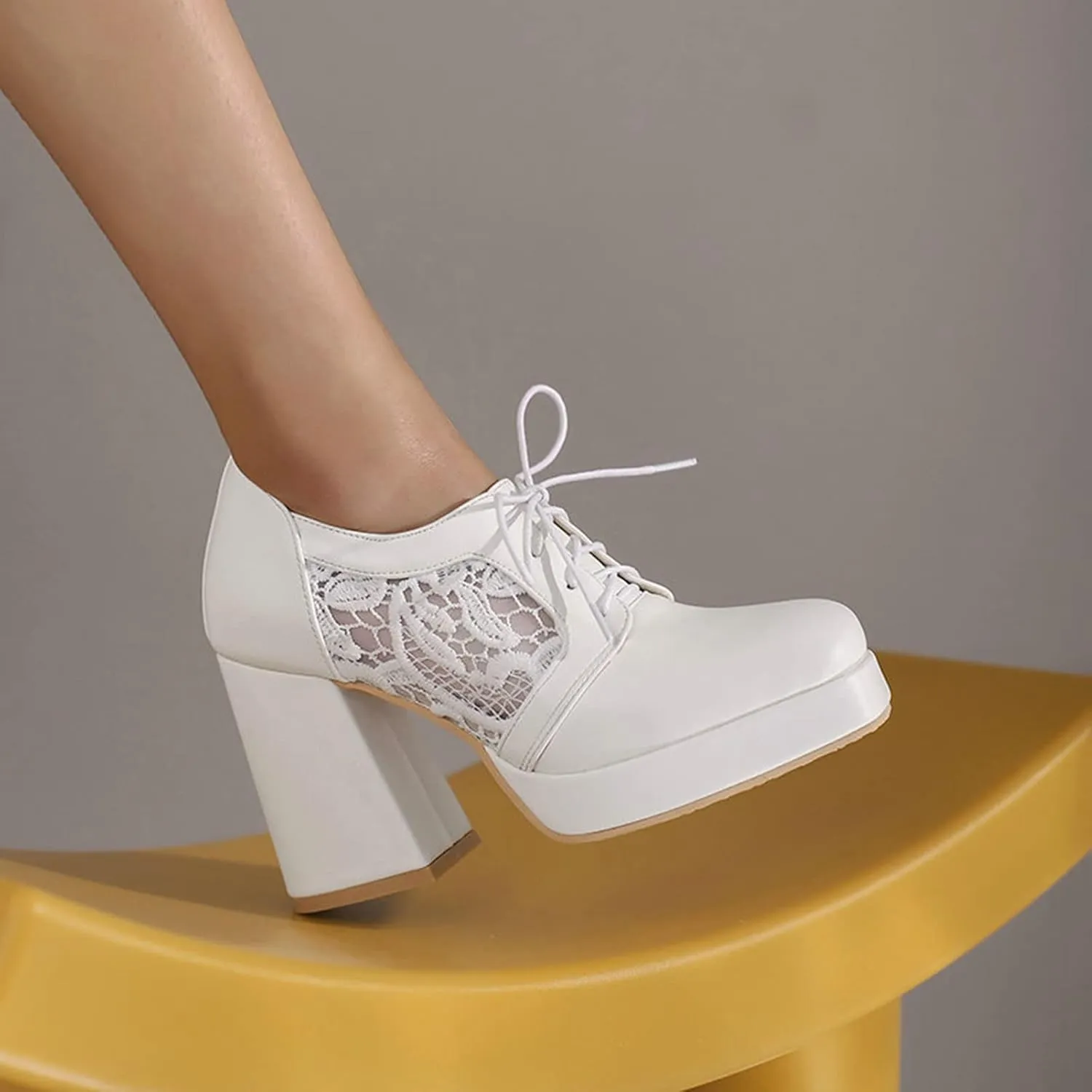 Women Square Toe Pumps Platform Chunky High Heel Booties Leather Comfy Lace Up Oxford Dress Shoes