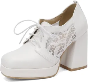 Women Square Toe Pumps Platform Chunky High Heel Booties Leather Comfy Lace Up Oxford Dress Shoes