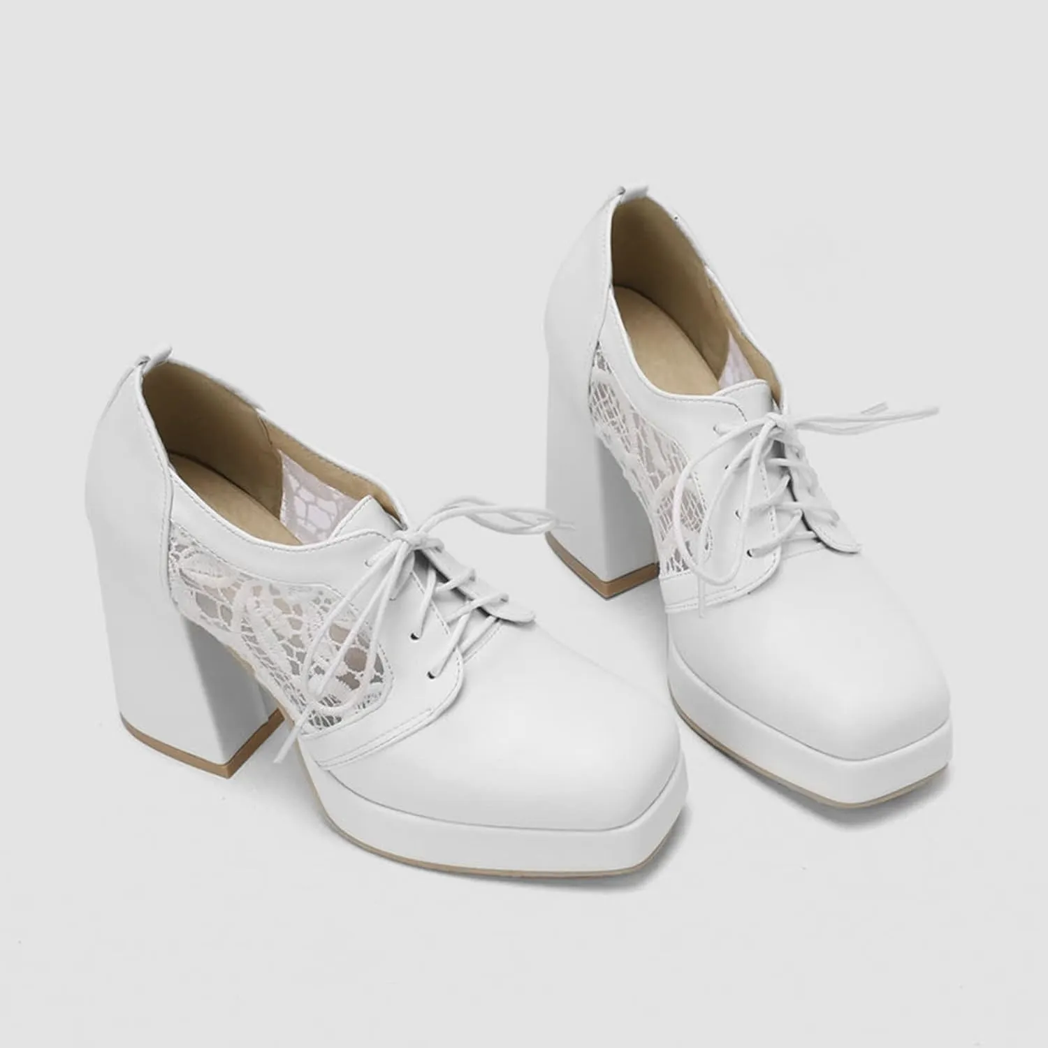 Women Square Toe Pumps Platform Chunky High Heel Booties Leather Comfy Lace Up Oxford Dress Shoes