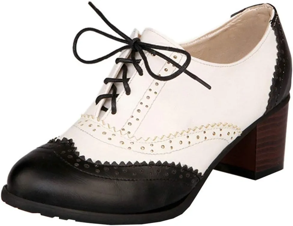 Womens Brogue Oxfords Chunky Block Heel Lace Up Pumps Vintage Dress Shoes