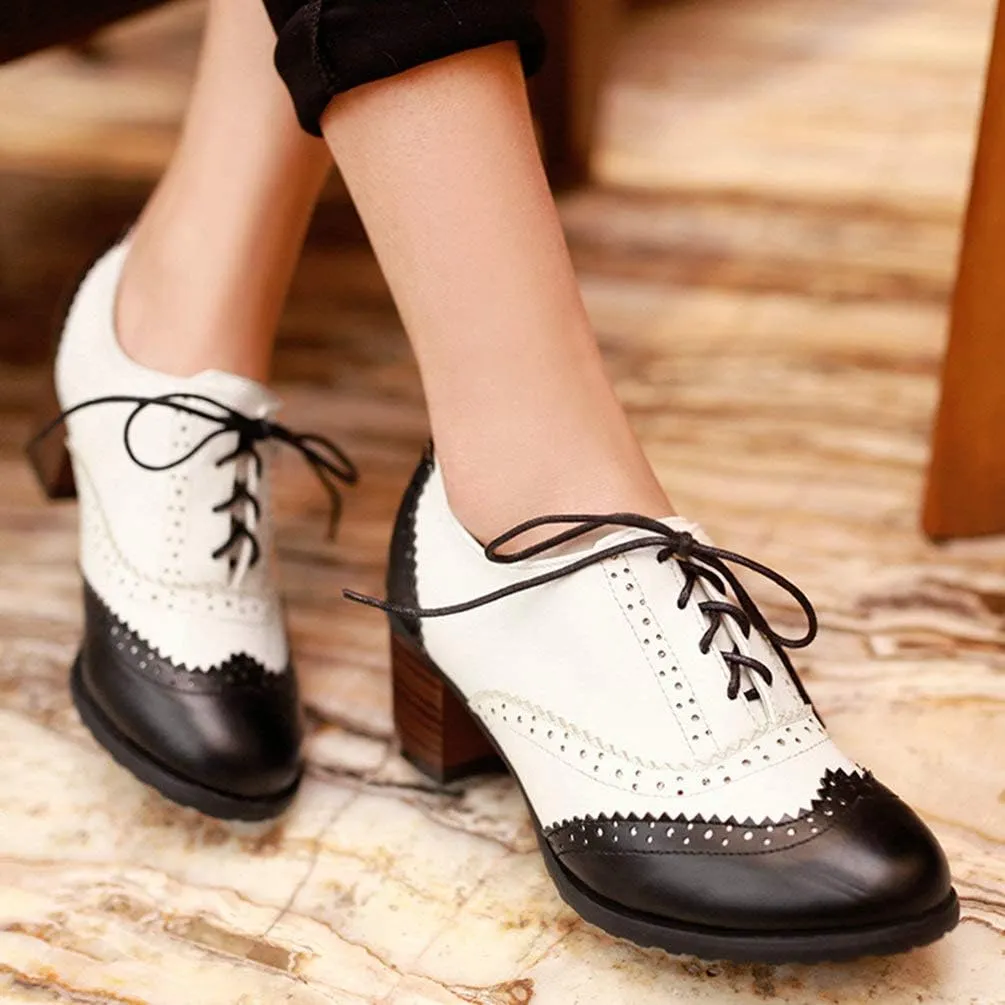 Womens Brogue Oxfords Chunky Block Heel Lace Up Pumps Vintage Dress Shoes