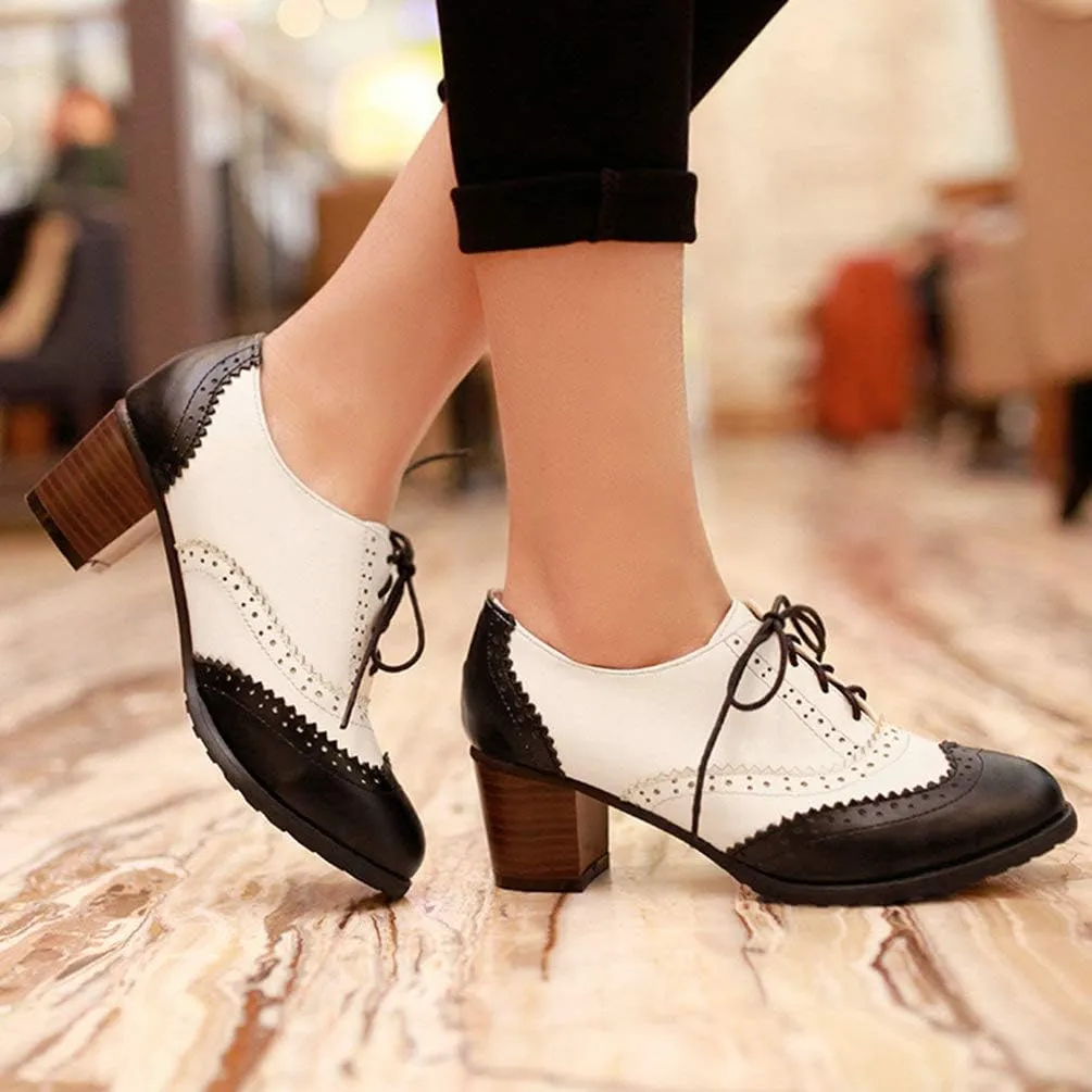 Womens Brogue Oxfords Chunky Block Heel Lace Up Pumps Vintage Dress Shoes