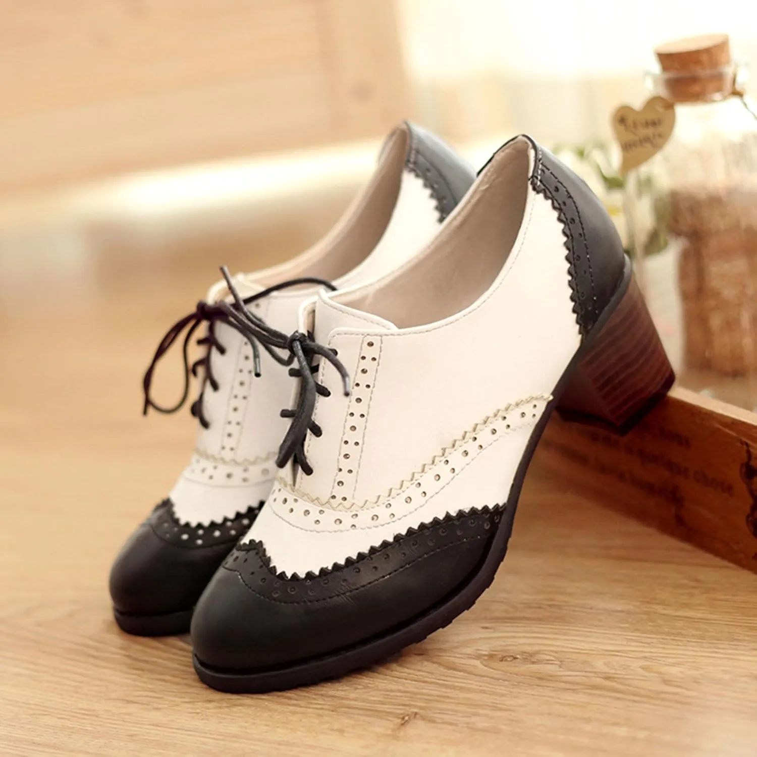 Womens Brogue Oxfords Chunky Block Heel Lace Up Pumps Vintage Dress Shoes