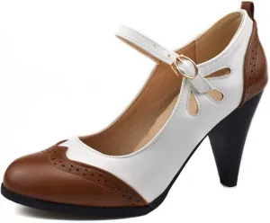 Womens Brown Retro Mary Jane Oxford High Heels Pumps Shoes for Women Teardrop Cutout Round Toe Pierced Strappy Oxfords Mary Janes High-Heel Pump Shoe