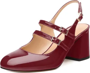 Women's Brown Slingback Heels: Classic Round Toe Mid Chunky Heels, Slip On, Closed Toe, Wedding, Work, All Seasons