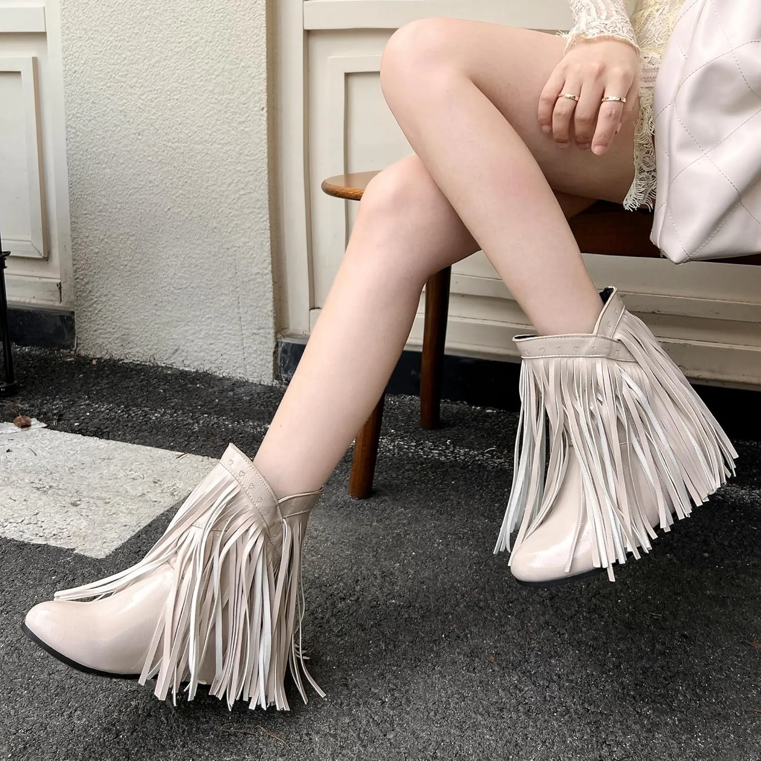 Women's Casual Pull on Fringe Booties, Vintage Low Heel Tassel Boots, Slip on Moccasin Ankle Boots