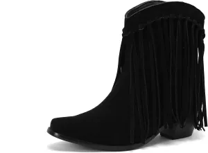 Women's Casual Pull on Fringe Booties, Vintage Low Heel Tassel Boots, Slip on Moccasin Ankle Boots