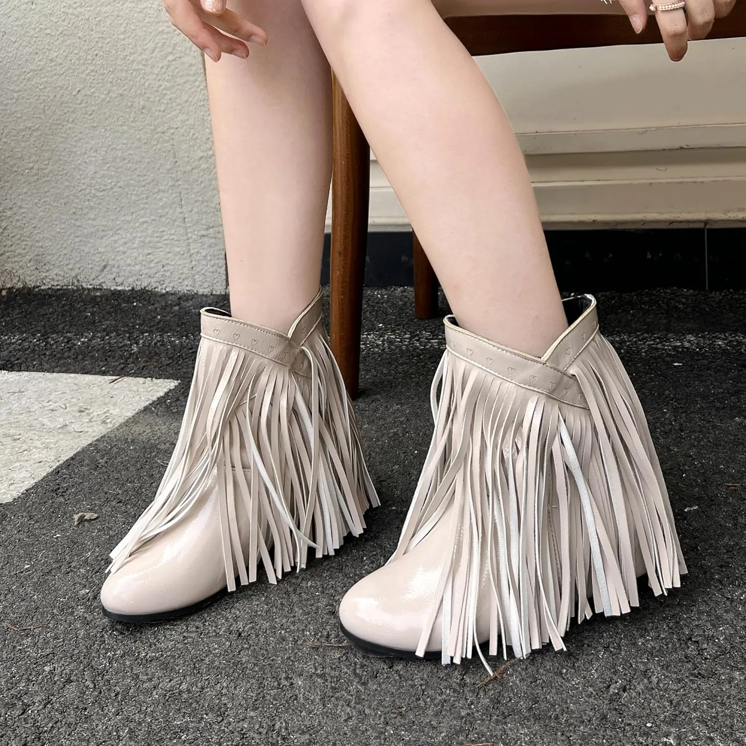 Women's Casual Pull on Fringe Booties, Vintage Low Heel Tassel Boots, Slip on Moccasin Ankle Boots