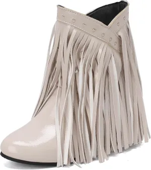 Women's Casual Pull on Fringe Booties, Vintage Low Heel Tassel Boots, Slip on Moccasin Ankle Boots