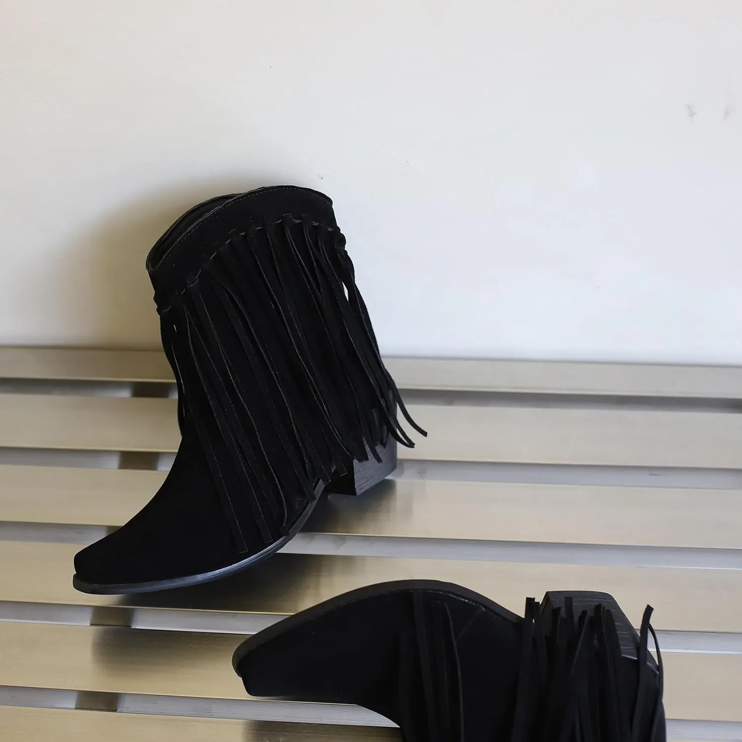 Women's Casual Pull on Fringe Booties, Vintage Low Heel Tassel Boots, Slip on Moccasin Ankle Boots