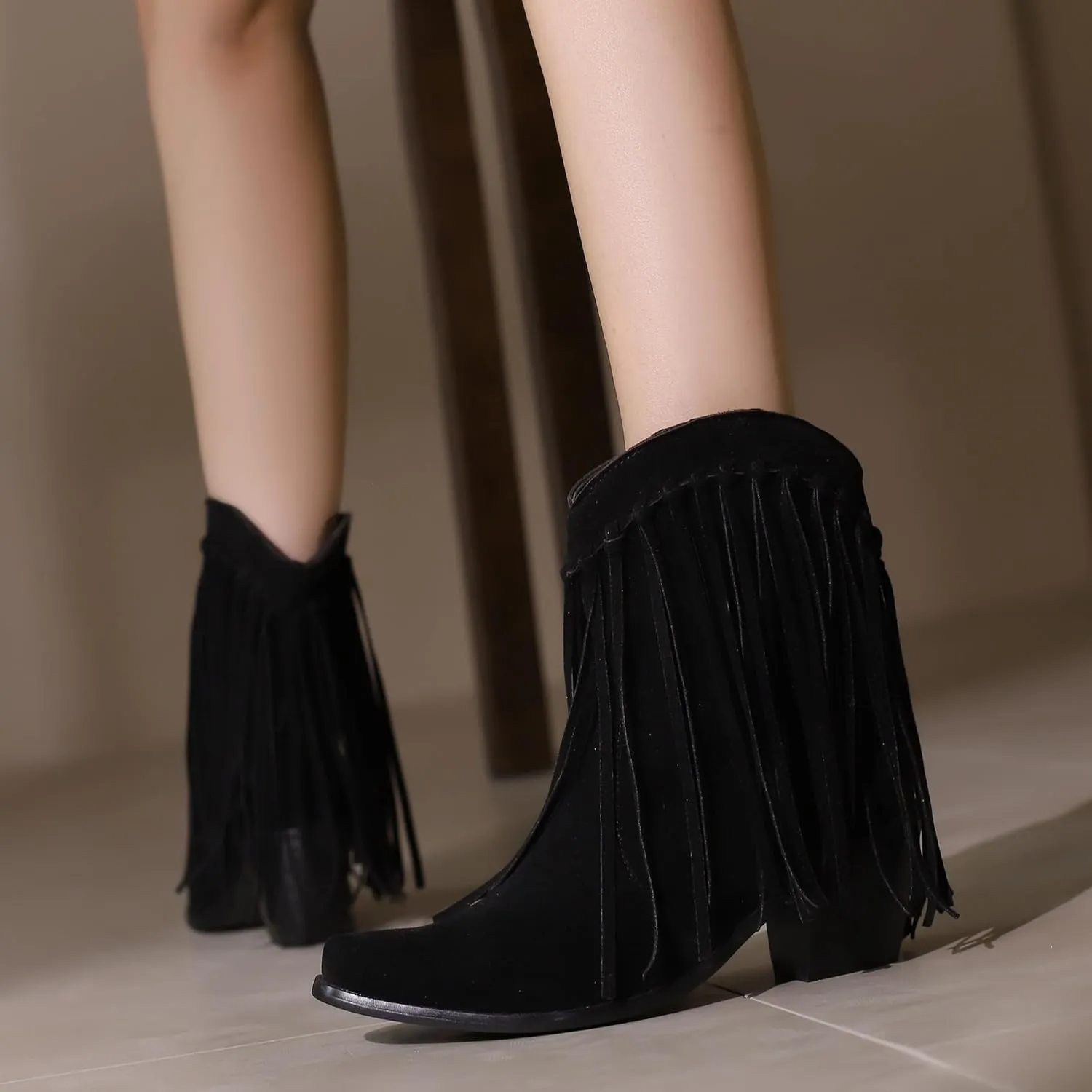 Women's Casual Pull on Fringe Booties, Vintage Low Heel Tassel Boots, Slip on Moccasin Ankle Boots