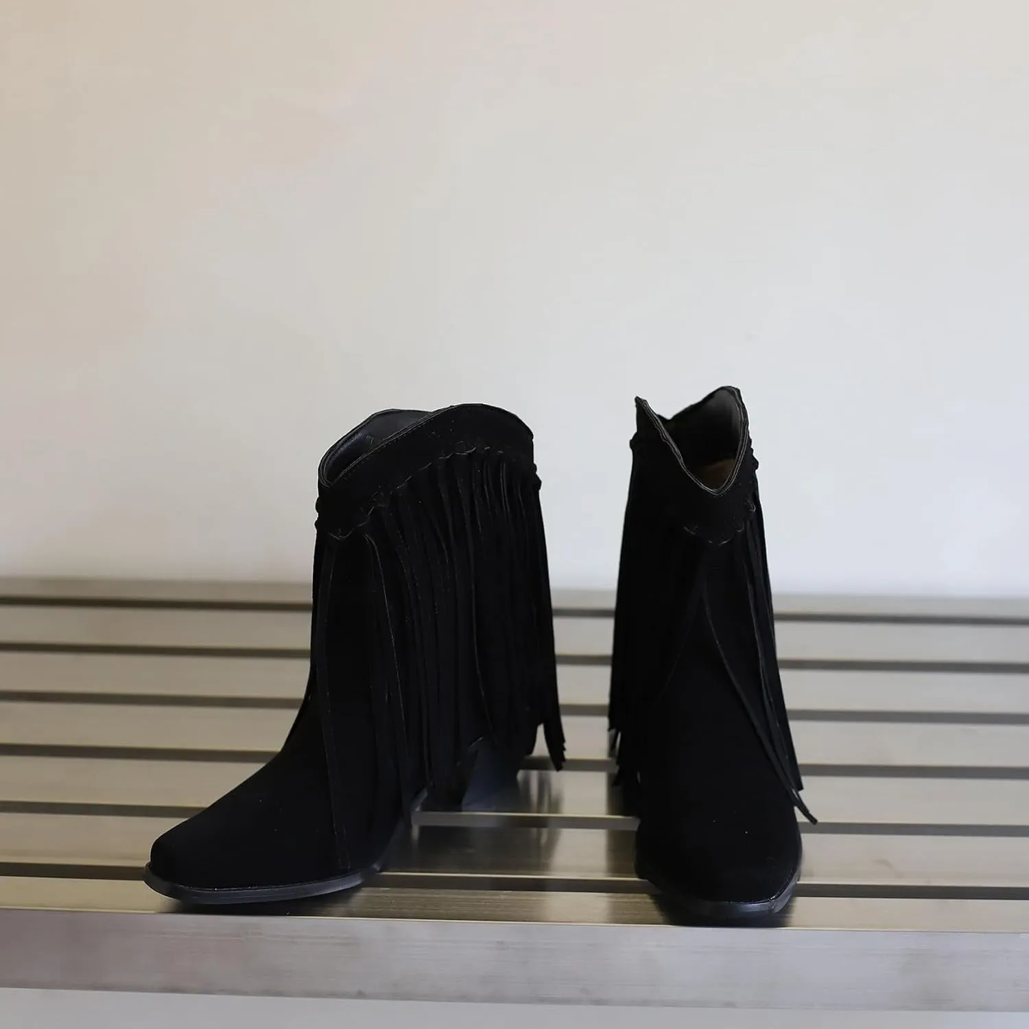 Women's Casual Pull on Fringe Booties, Vintage Low Heel Tassel Boots, Slip on Moccasin Ankle Boots