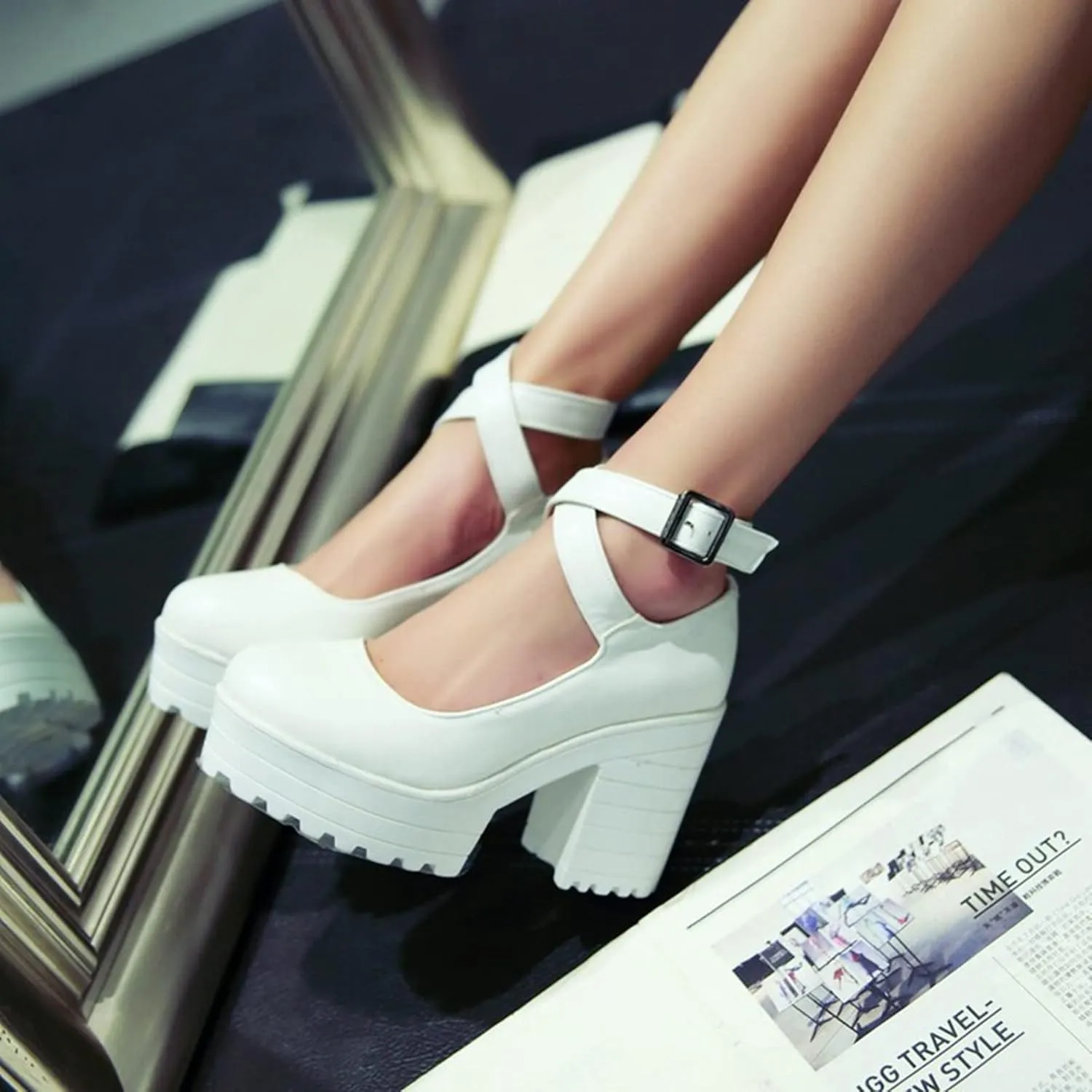 Womens Chunky High Heel Oxford Pumps Round Toe Ankle Cross Strap Fashion Leather Platform Dress Shoes