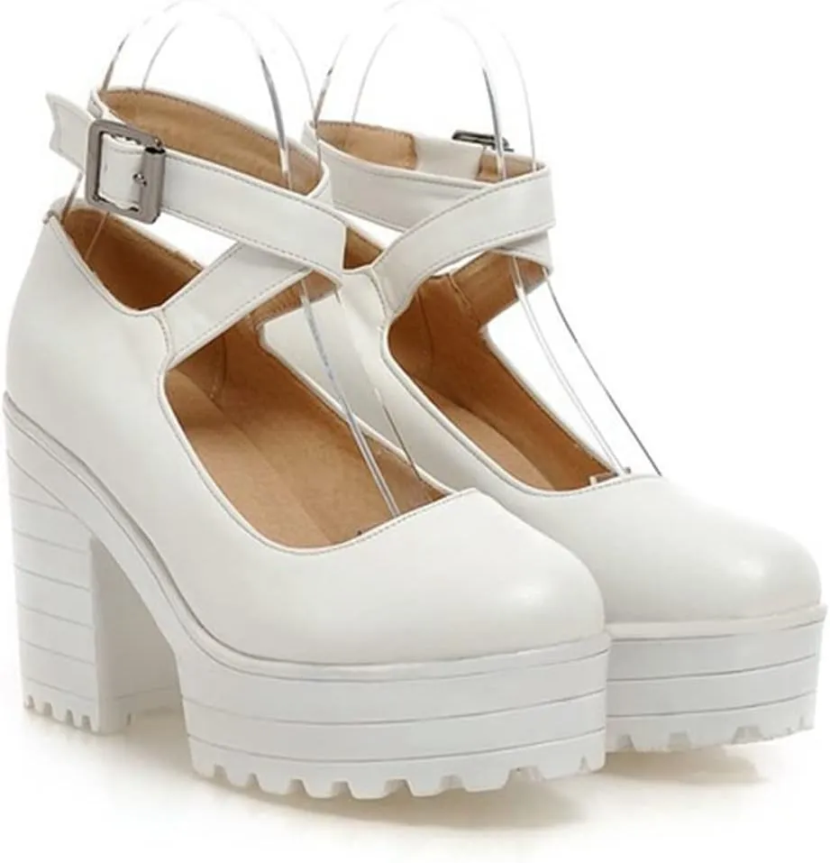 Womens Chunky High Heel Oxford Pumps Round Toe Ankle Cross Strap Fashion Leather Platform Dress Shoes