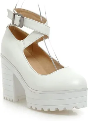Womens Chunky High Heel Oxford Pumps Round Toe Ankle Cross Strap Fashion Leather Platform Dress Shoes