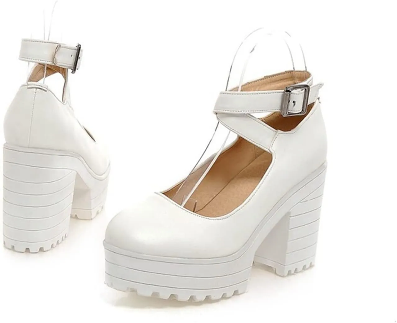 Womens Chunky High Heel Oxford Pumps Round Toe Ankle Cross Strap Fashion Leather Platform Dress Shoes