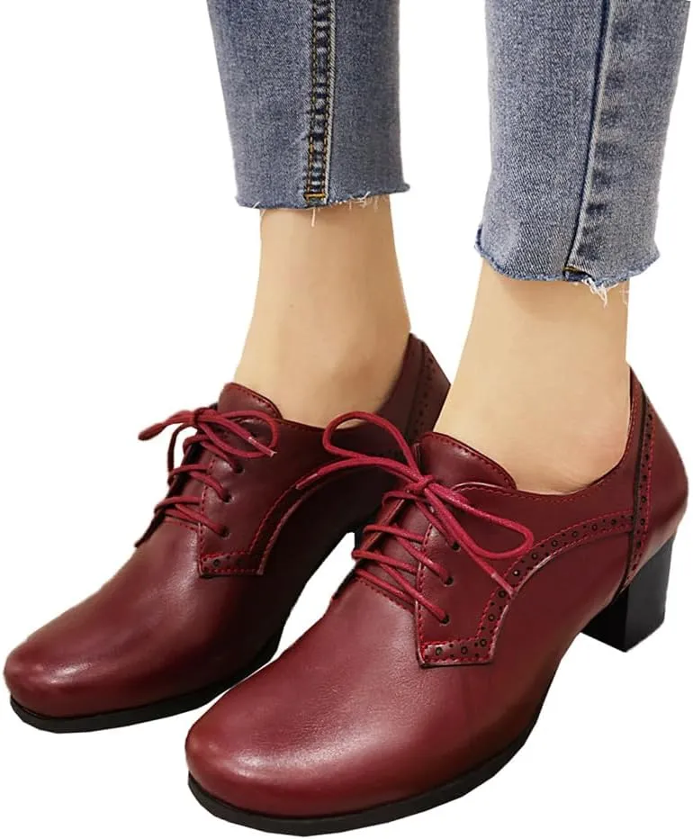 Women's Closed Toe Chunky Block Heel Oxfords Wingtip Lace Up Mid Heel Pumps Vintage Brogue Dress Shoes