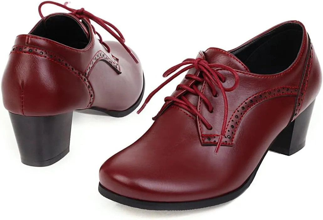 Women's Closed Toe Chunky Block Heel Oxfords Wingtip Lace Up Mid Heel Pumps Vintage Brogue Dress Shoes