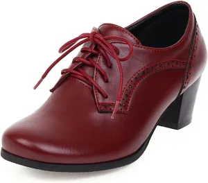 Women's Closed Toe Chunky Block Heel Oxfords Wingtip Lace Up Mid Heel Pumps Vintage Brogue Dress Shoes