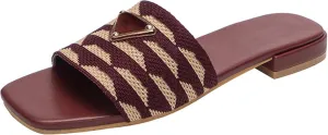 Womens Embroidered Slides Flat Sandals Summer Square Open Toe Beach Fashion Slide Sandals