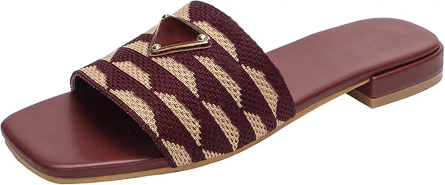Womens Embroidered Slides Flat Sandals Summer Square Open Toe Beach Fashion Slide Sandals