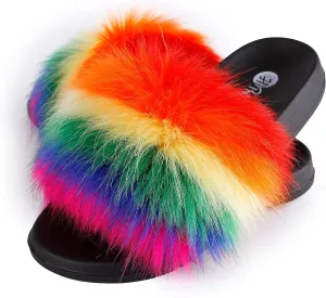 Women's Faux Fur Slides, Open Toe Cute Fur Slippers, Indoor or Outdoor Comfortable Furry Slide Sandals With Fluffy Fur
