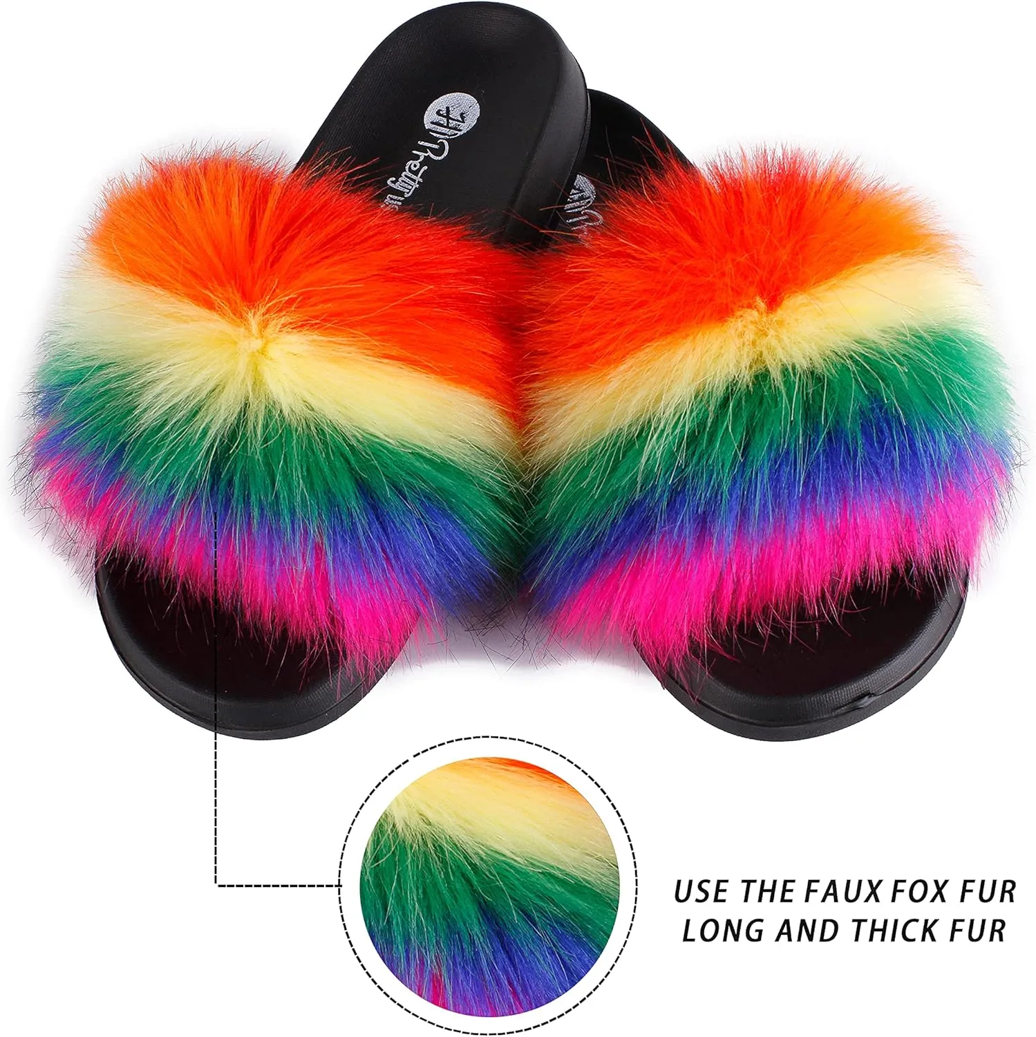 Women's Faux Fur Slides, Open Toe Cute Fur Slippers, Indoor or Outdoor Comfortable Furry Slide Sandals With Fluffy Fur
