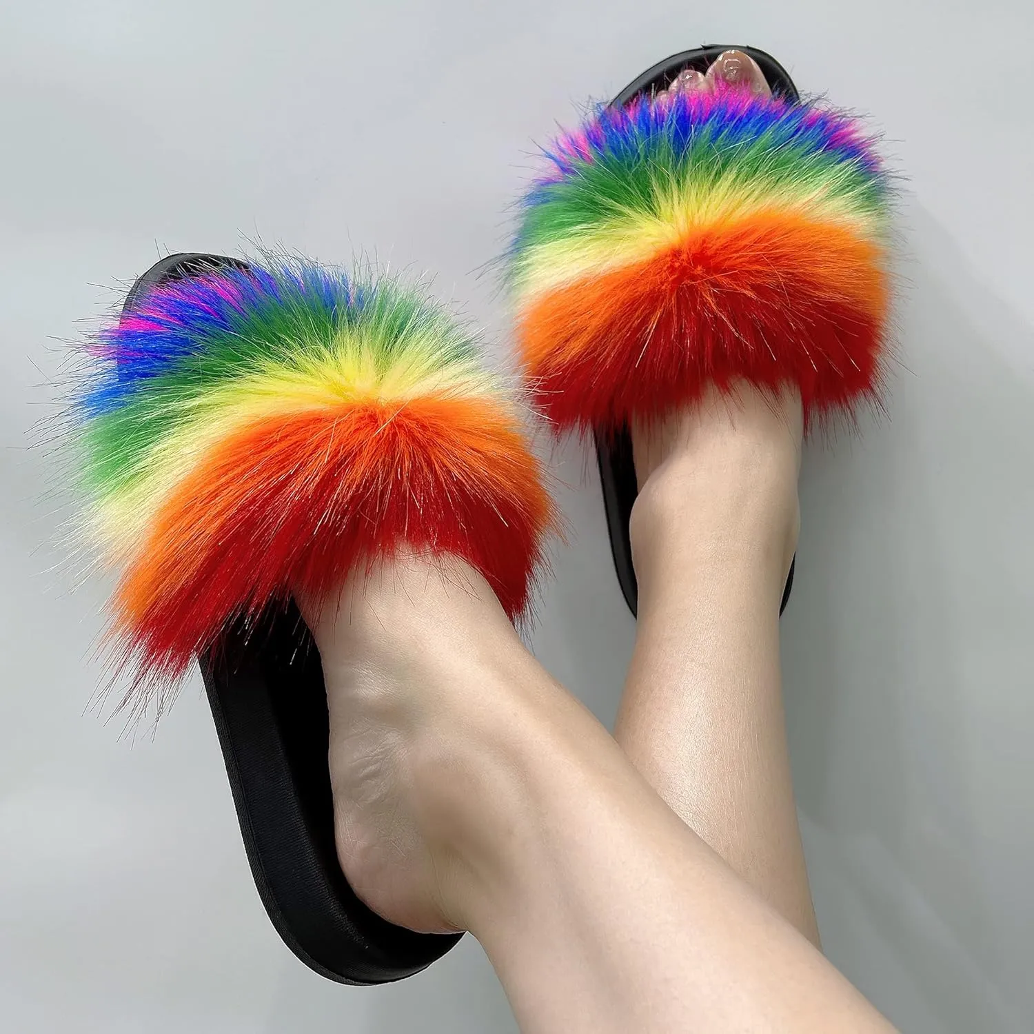 Women's Faux Fur Slides, Open Toe Cute Fur Slippers, Indoor or Outdoor Comfortable Furry Slide Sandals With Fluffy Fur