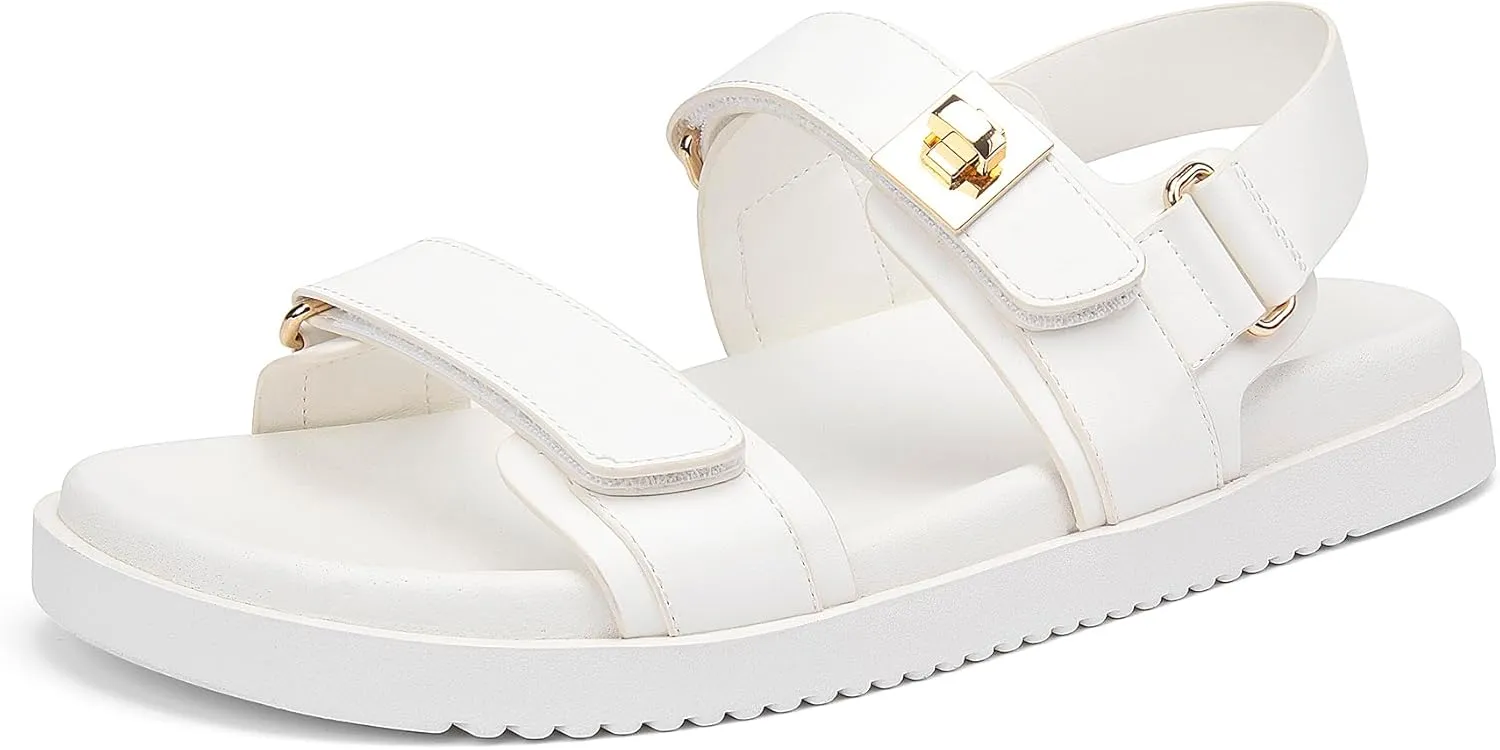 Women's Flat Sandals Adjustable Double Strap Slide Sandals Open Toe Slip on Shoes Resistant Leather Footbed Comfort Sandals Dressy for Summer Beach Vacation