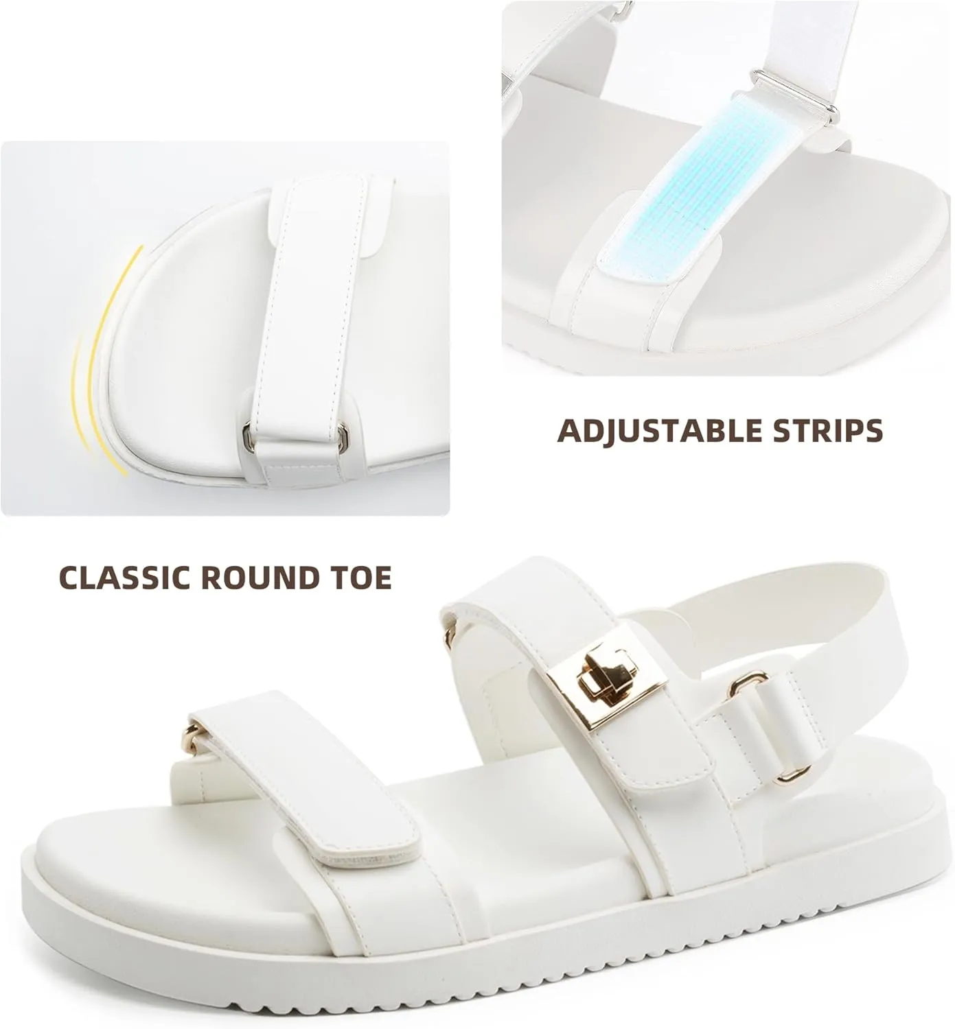 Women's Flat Sandals Adjustable Double Strap Slide Sandals Open Toe Slip on Shoes Resistant Leather Footbed Comfort Sandals Dressy for Summer Beach Vacation