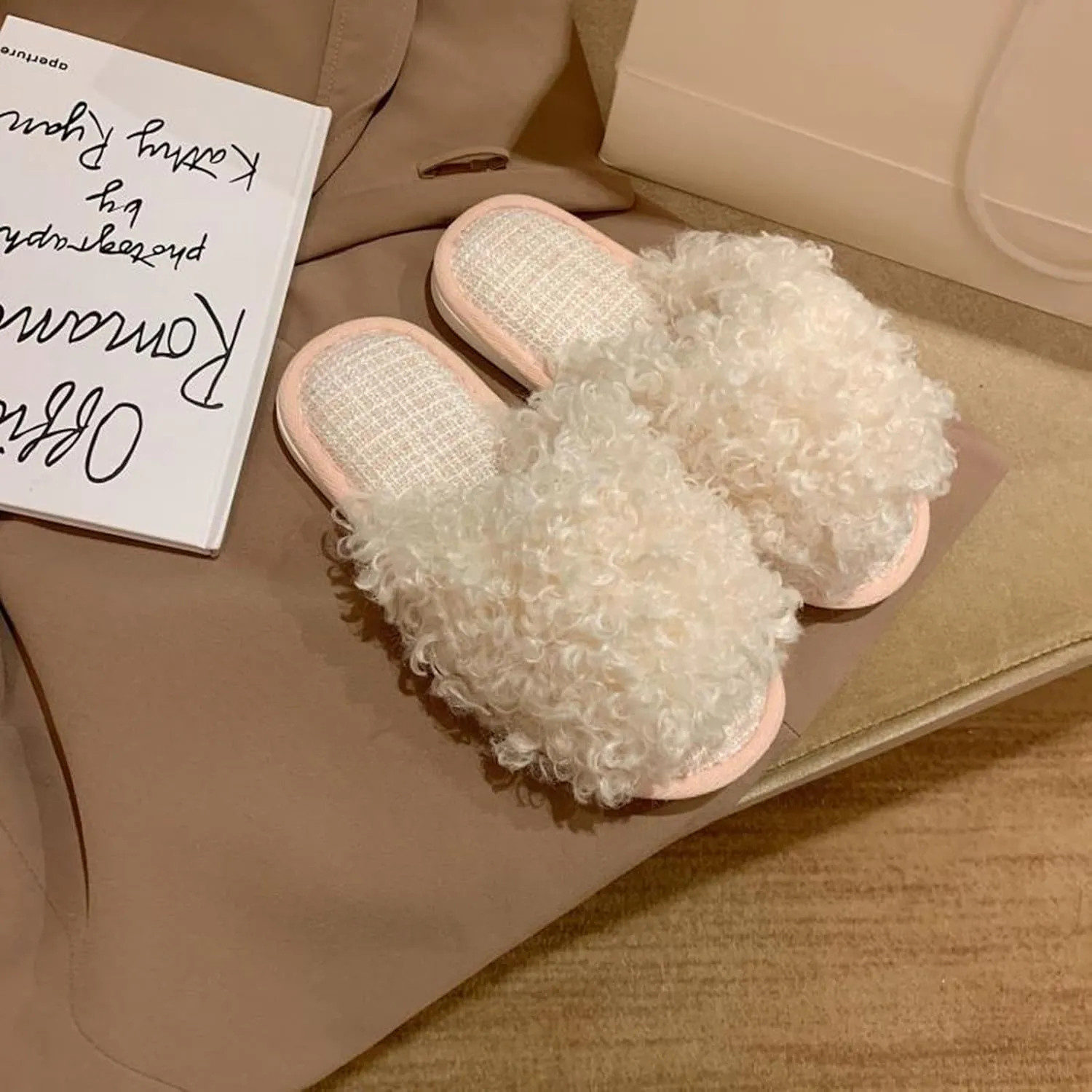 Women's Frizzy Fuzzy Slippers Plush Comfy Faux Fur Lined Slippers Memory Foam Fluffy Slide Sandals Open Toe Indoor Anti-skid Sole House Shoes
