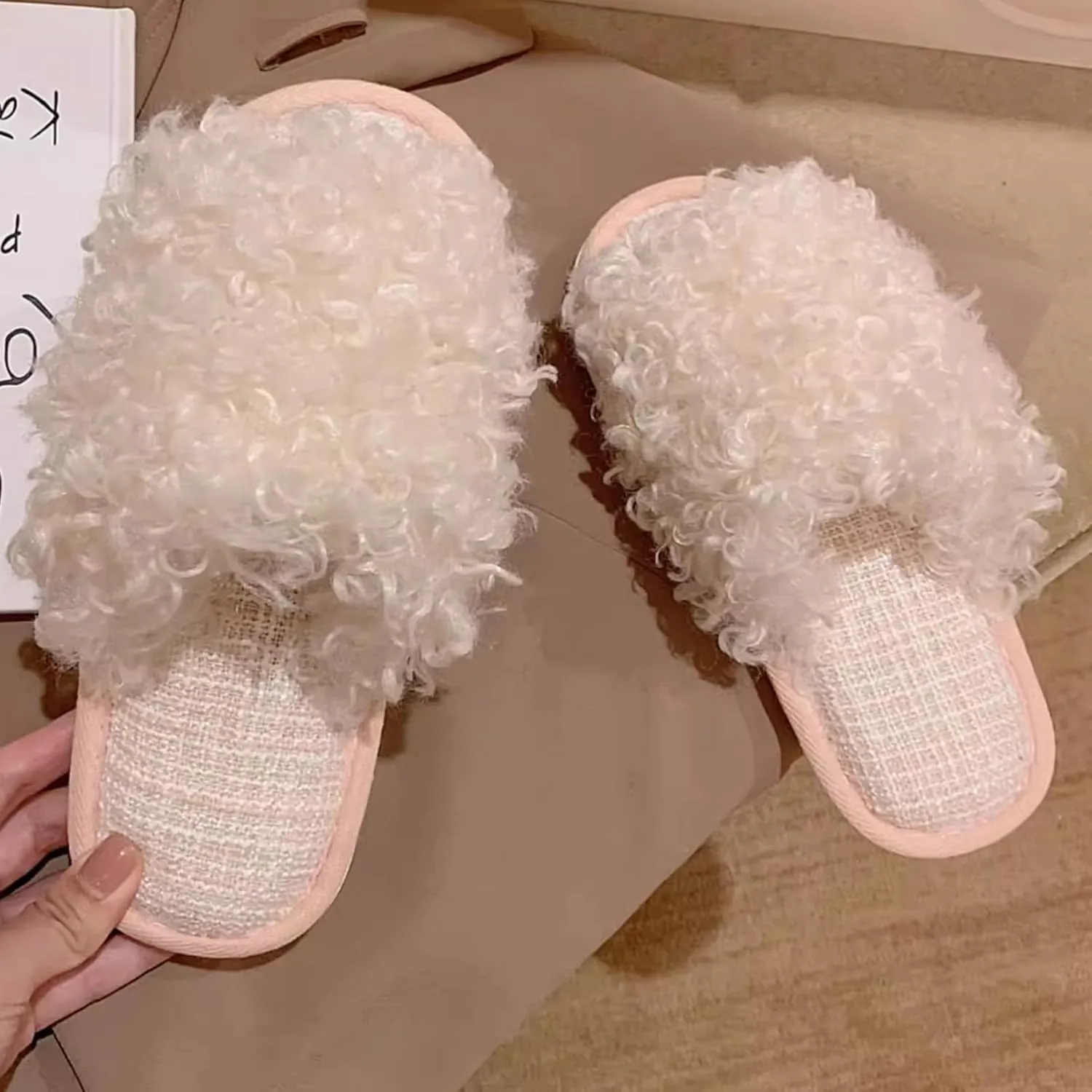 Women's Frizzy Fuzzy Slippers Plush Comfy Faux Fur Lined Slippers Memory Foam Fluffy Slide Sandals Open Toe Indoor Anti-skid Sole House Shoes