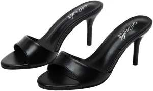 Women's Genuine Leather Stiletto High Heel Slide Sandals Round Open Toe Slip-on Backless Mid Heel Work Office Dress Sandals Daily Sexy Non-Slip Slides