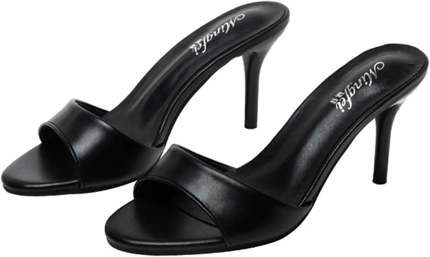 Women's Genuine Leather Stiletto High Heel Slide Sandals Round Open Toe Slip-on Backless Mid Heel Work Office Dress Sandals Daily Sexy Non-Slip Slides
