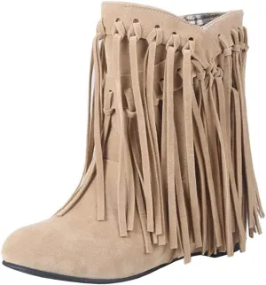 Womens Hidden Wedge Fringe Moccasin Booties Tassel Boots