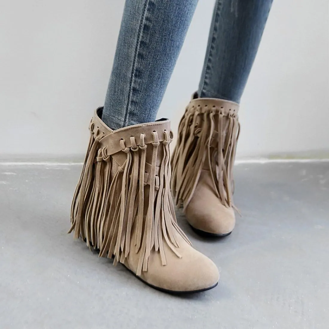 Womens Hidden Wedge Fringe Moccasin Booties Tassel Boots