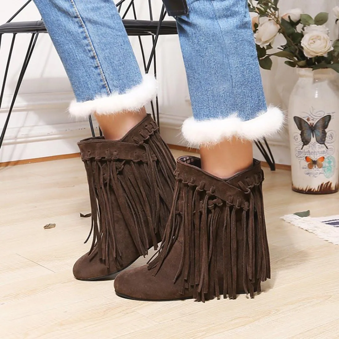Womens Hidden Wedge Fringe Moccasin Booties Tassel Boots