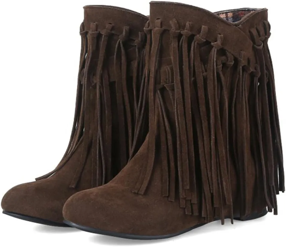 Womens Hidden Wedge Fringe Moccasin Booties Tassel Boots