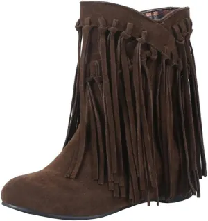 Womens Hidden Wedge Fringe Moccasin Booties Tassel Boots